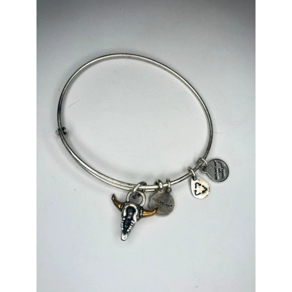 Alex and Ani Steer Bull Skull Charm Bangle Bracelet Silver Gold Tone Adjustable